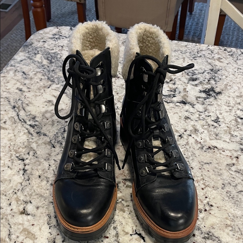 Marc Fisher Black Lace-Up Combat Boots with Shearling Trim